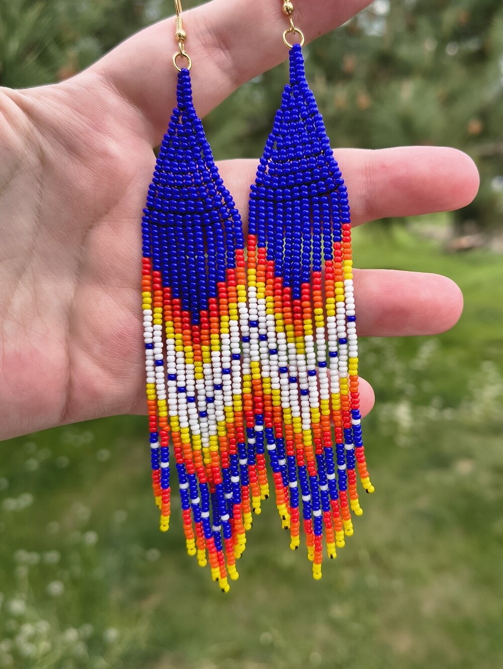 Native American Handmade Beaded Fringe Earrings Royal Blue Fire Colors - Picture 4 of 7